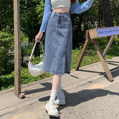 Modischer, seitlich geschlitzter Jeansrock für Damen, Frühling und Sommer, hohe Taille, vielseitiger, lässiger, mittellanger Damenrock