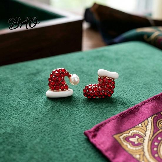Christmas Costume Jewelry 1 Pair Stud Earrings, Sparkly Red Rhinestone Stocking Lightweight Alloy Ear Pins And Santa Hat Holiday Gifts for Women