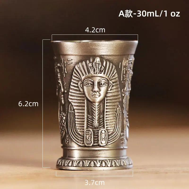3ks/šarže Egyptský mýtus Retro měděné pohárky na panáky 3D reliéf Víno Likér Destiláty Kleopatra Rameses Rah Stříbřité starožitné sklenice