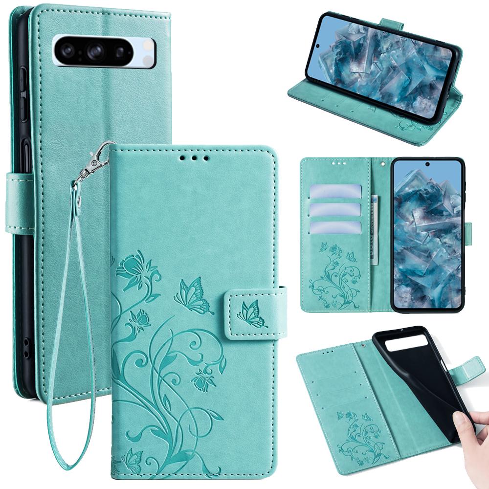 Für Google Pixel 8 Pro Hülle PU-Leder Schmetterling Blume geprägt Brieftasche Handy Folio Hülle