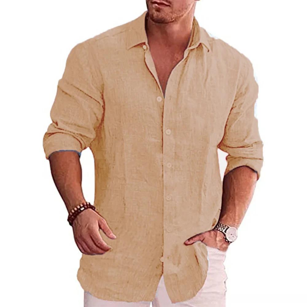 Men's Cotton Linen Autumn Long-sleeved Shirt Solid Colour Versatile Casual Resort Style Men's Shirt Tops
