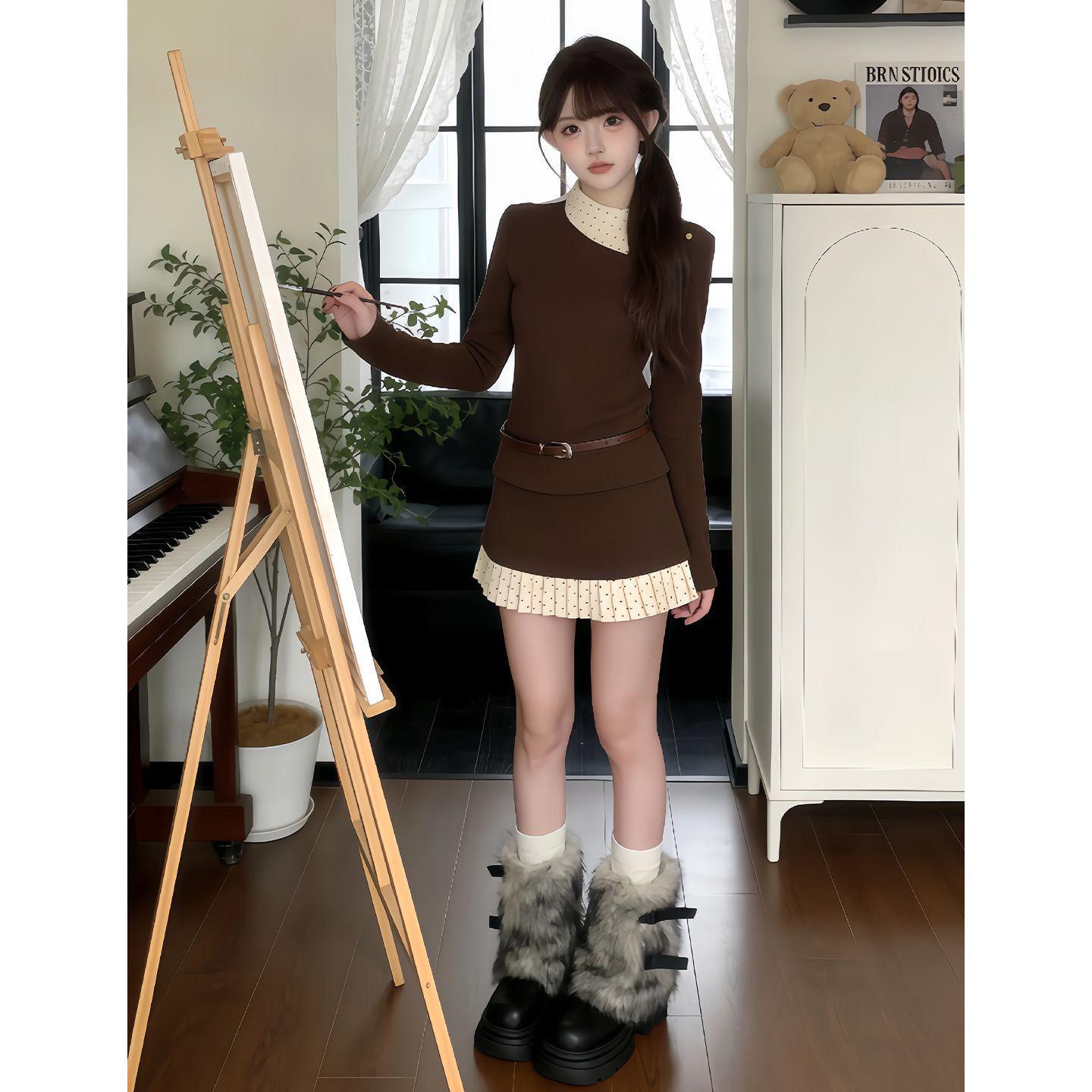 

Korean Retro Knit Top & Pleated Skirt Set - Warm Autumn/Winter 2026 Collection Medium колір темно кави