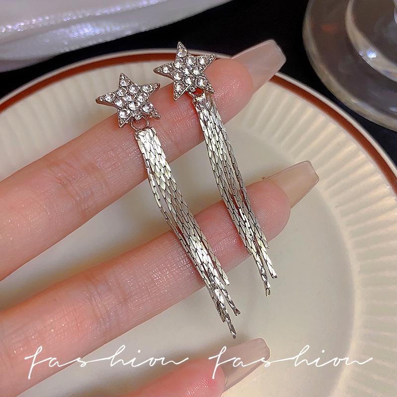 Korean-Style Diamond Tassel Bow Earrings - Elegant Long Earrings for All Occasions