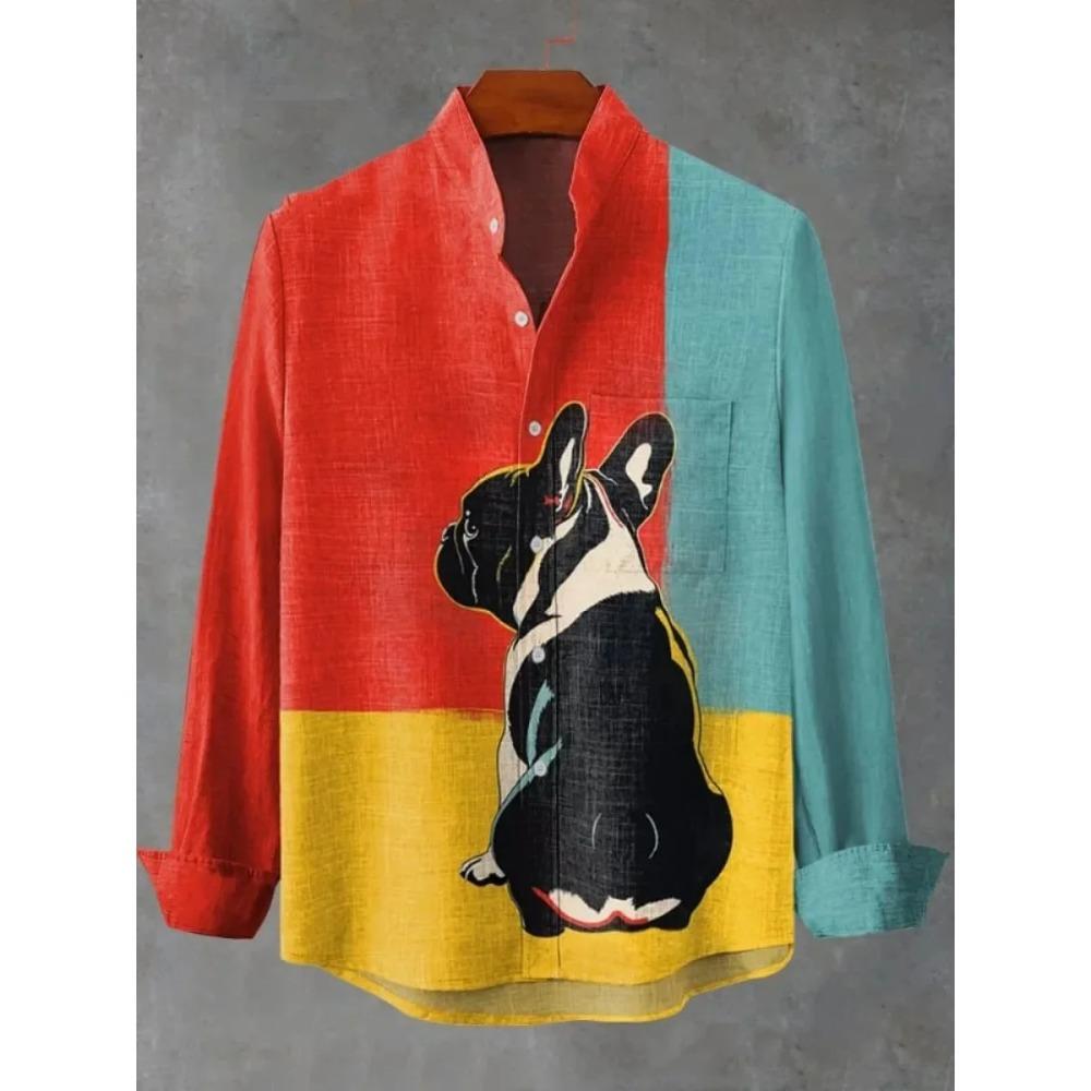 New Spring and Autumn Best-selling Men's Long-sleeved Comfortable Shirt Retro Kitten Pattern Art Print Shirt