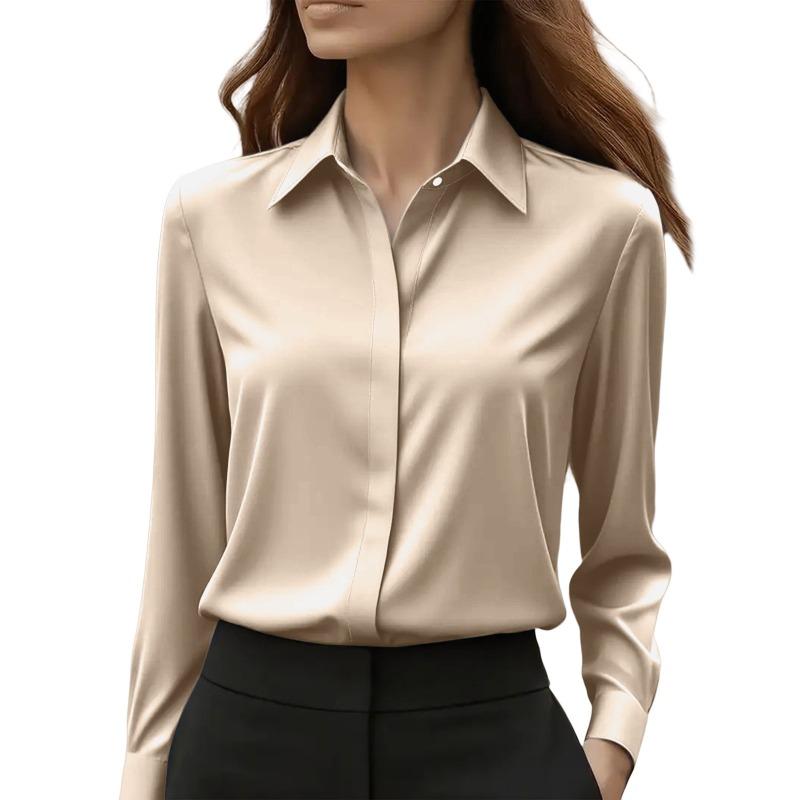 Women's Satin Shirts Elegant Plain Long Sleeve Blouse Office Lady Button-Up Shirt Top Female Lapel Neck Shirts Blouse Autumn