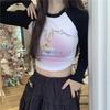 Kawaii Pink Rabbit Print Crop T Shirts Women Harajuku Sweet Cute Graphic Tops Streetwear Vintage Sexy Long Sleeve Tees