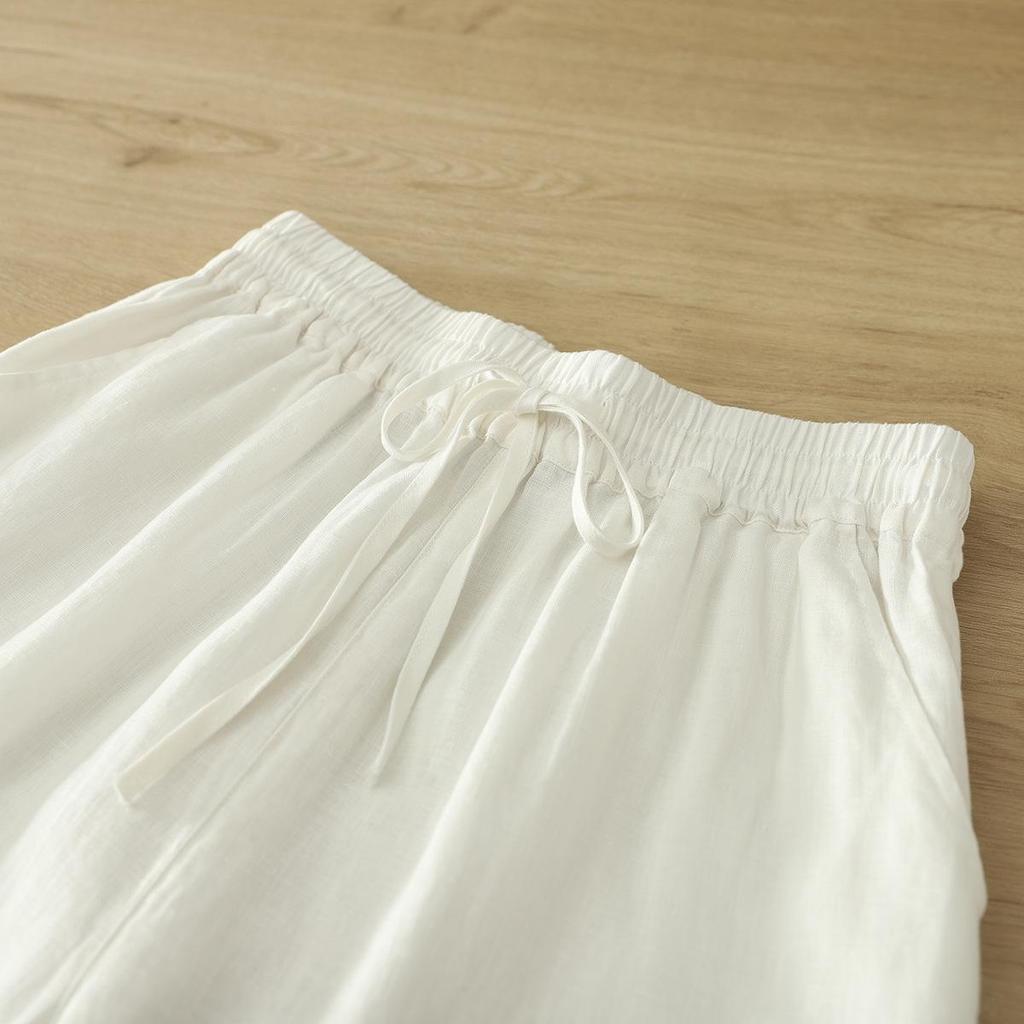 Japanese Pure Linen Women's Wide-Leg Elastic Waist Pants