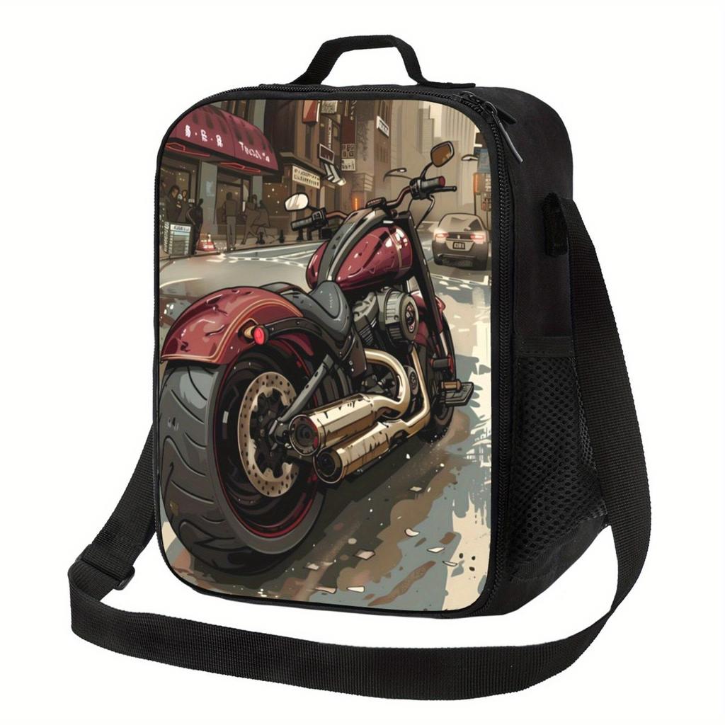1pc Motorcycle Illustration Insulated Lunch Bag - Waterproof Polyester, Ideal for Camping, Picnics & Outdoor Use