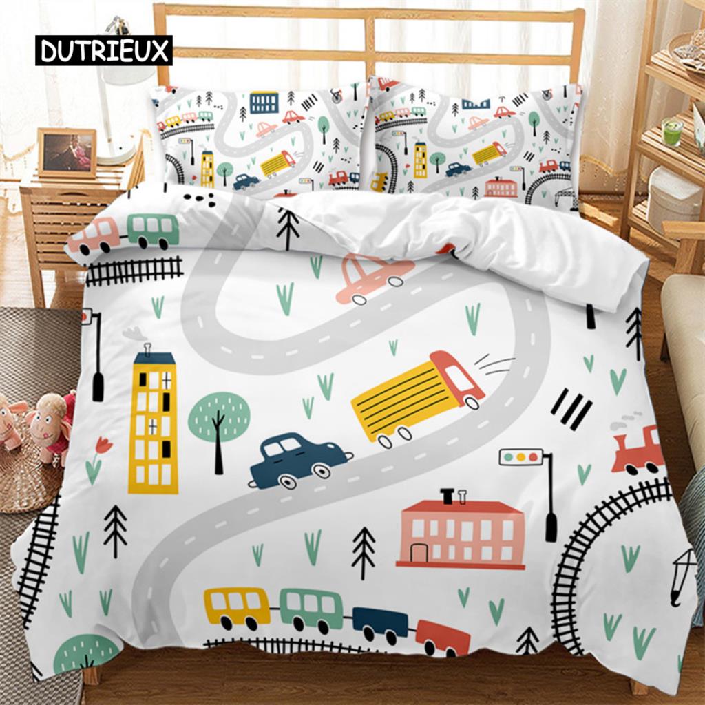 Travel Guide Duvet Cover Set Cartoon Route Car House Building Pattern Bedding Set Microfiber Travel Theme King Size Quilt Cover