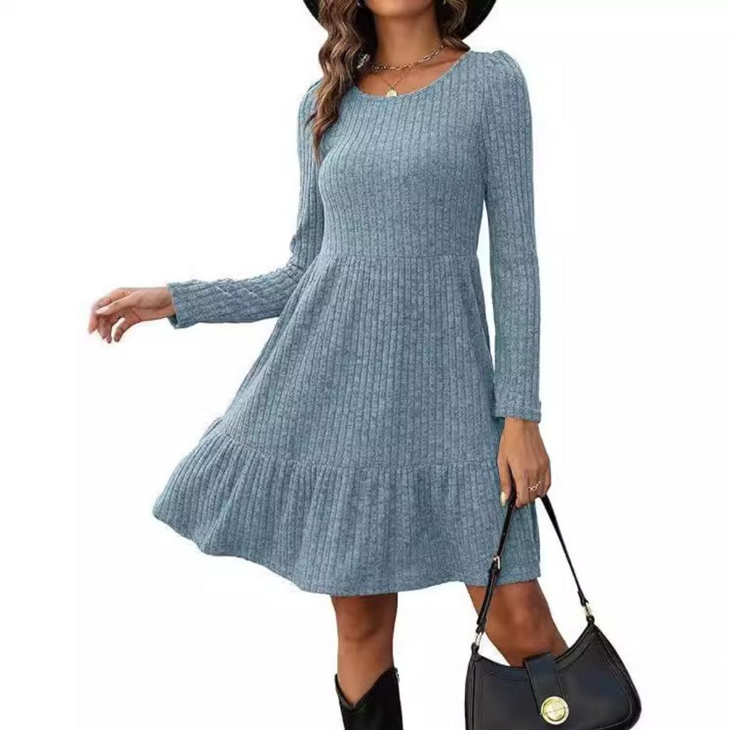 Fall Winter Women's Striped Crew Neck Knit Sweater Dress, European American Style Crossbody Women's Clothing for Women