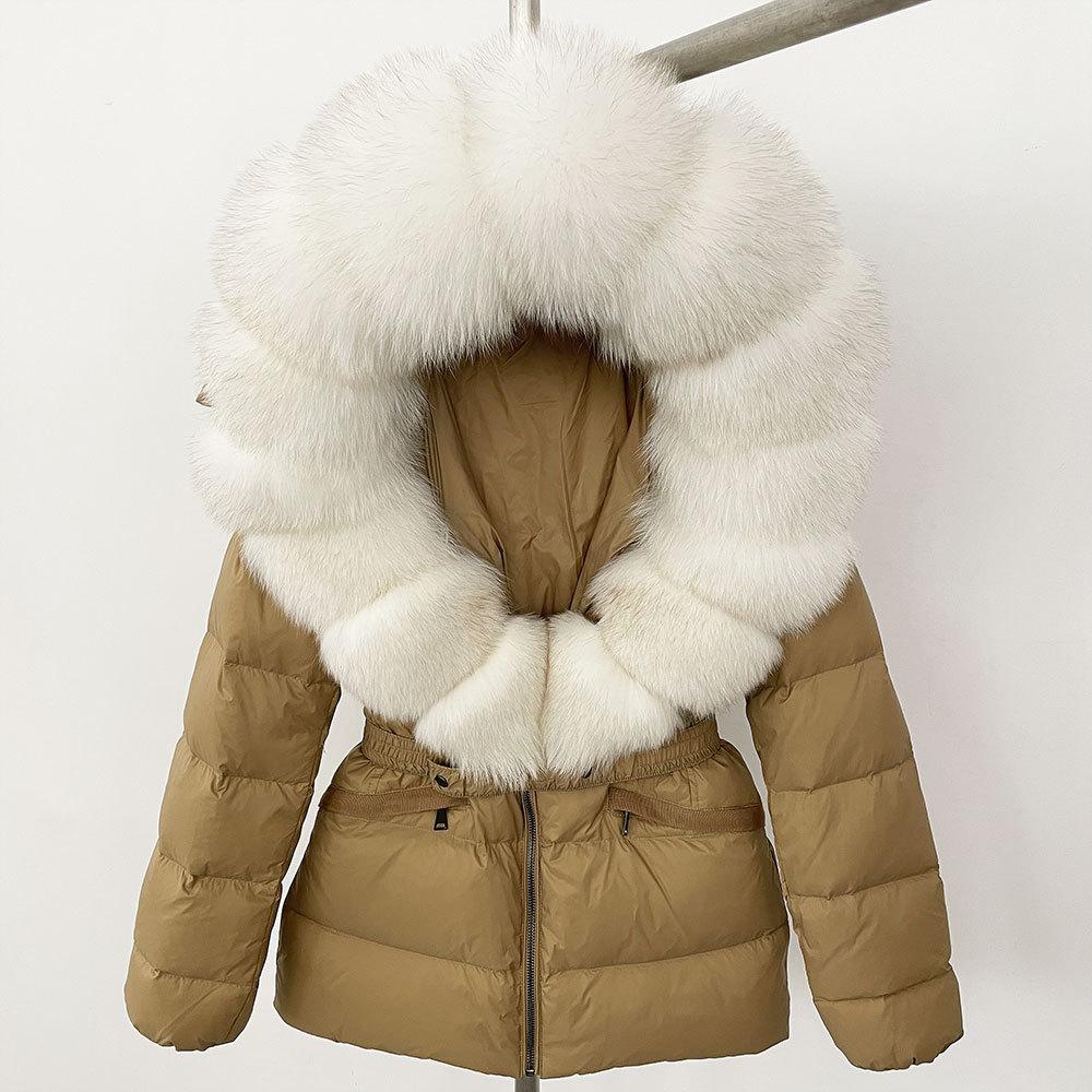 Winter new popular women's natural real fox fur collar white duck down jacket thickened waist slim down jacket