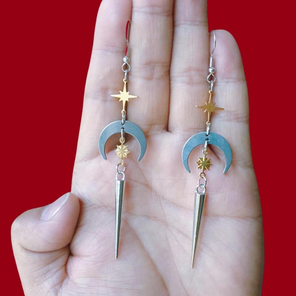 Temperament Personality Gold Color Sun Silver Color Moon Geometric Rivet Tip Cone Dangle Earrings for Women Halloween Jewelry