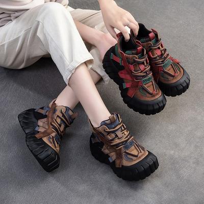 Sapatos femininos de couro legítimo, cores mistas, plataforma plana, casuais, versáteis, sola grossa, botas curtas
