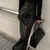 Women's Retro High-Waisted Black Leather Skirt - Slimming Mid-Length with Slit, for Spring/Autumn