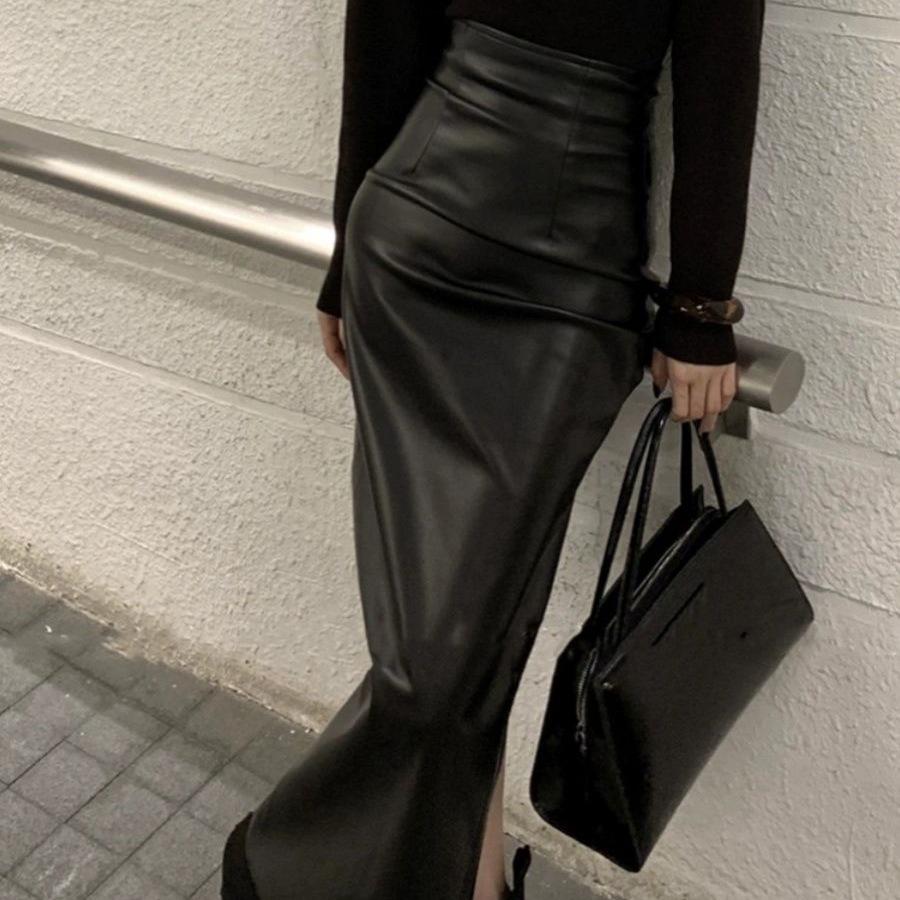 Women's Retro High-Waisted Black Leather Skirt - Slimming Mid-Length with Slit, for Spring/Autumn