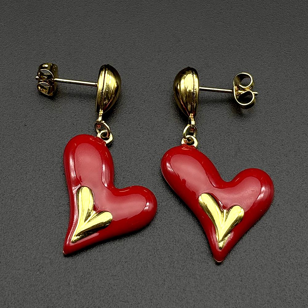 

Double Heart Red Dangle Earrings For Women Men Stainless Steel Gold Color Love New Fashion Ear Ring Female Jewelry Accessory