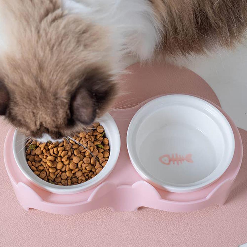 Cat Ceramic Double Bowls 300ml Large Capacity Non-slip Food Dishes With Plastic Rack For Indoor Cats