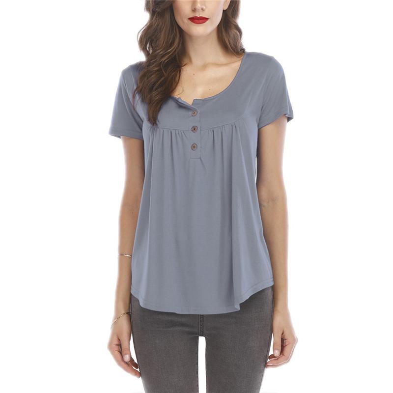 Women's Pleated Button Detail T-Shirt - Summer Casual Loose Fit Top with Ruffle Trim, Breathable Streetwear & Vacation Essentials