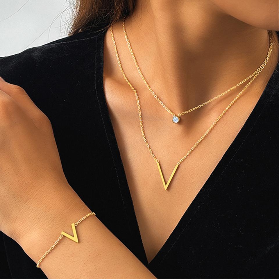 ZAKOL 3 Pcs Simple Stainless Steel Zircon Set Christian Cross V Letter Charm Earring Necklace Bracelet Accessories Zircon Gift