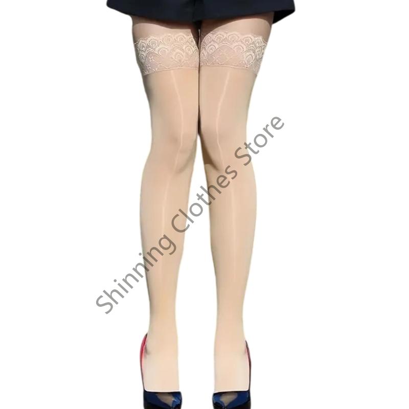 M68A Lace Trim Over Knee Nylon Stockings With Silicone Grip Shimmering Glossy See Through Thigh High Long Socks For Women