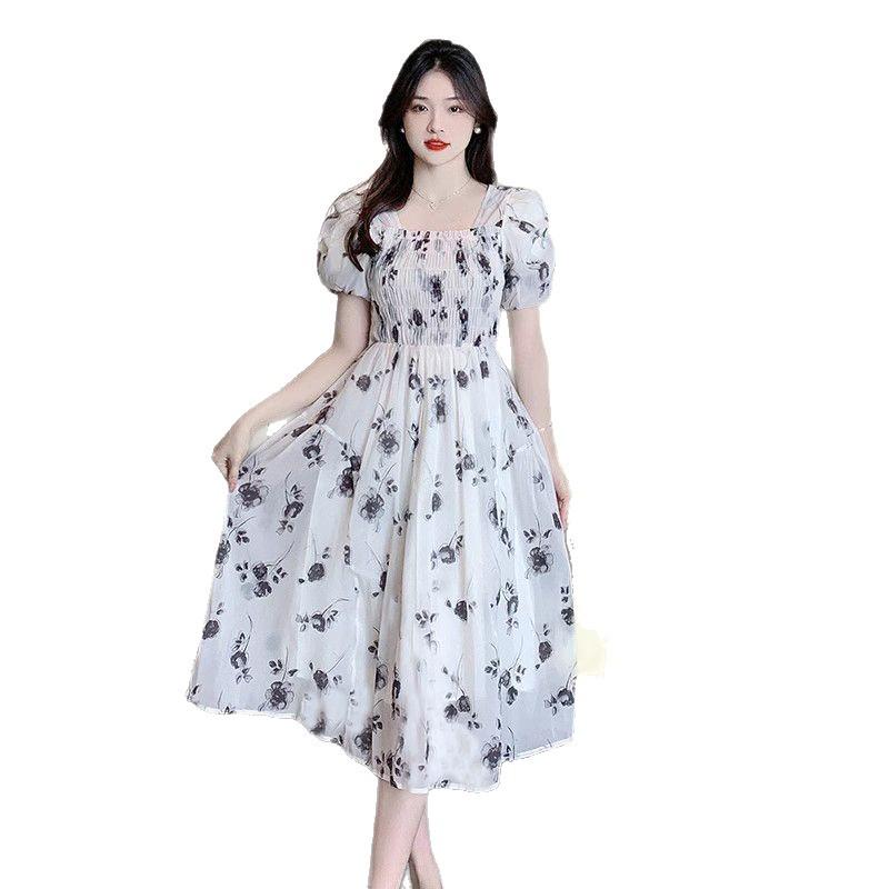 2026 Women's French Floral Puff Sleeve Summer Dress: New Style, Fresh & Gentle, Waist-Cinched, Slimming Skirt