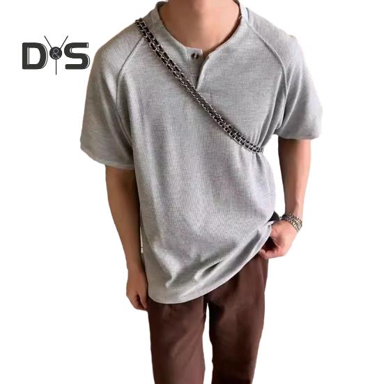 

Мужская рубашка с круглым вырезом, пуговицами, полузастежкой, коротким рукавом, свободным кроем, вафельной текстурой, повседневная футболка для дома, спортзала, уличная одежда M серый