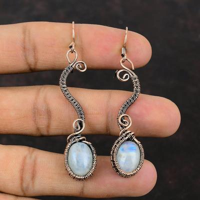 Orecchini Pietra di Luna Arcobaleno Avvolti in Filo di Rame Orecchini Fatti a Mano Gioielli Pietra di Luna Orecchini con Pietre Preziose Gioielli Avvolti in Filo di Rame Regalo Per Lei