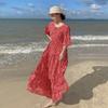 French Women's Floral Beach Resort Dress with Flared Sleeves and Chiffon Beach