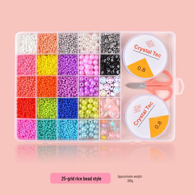 25-Grid Glass Rice Beads DIY Set: Children's Handmade Necklace & Bracelet Beading Kit