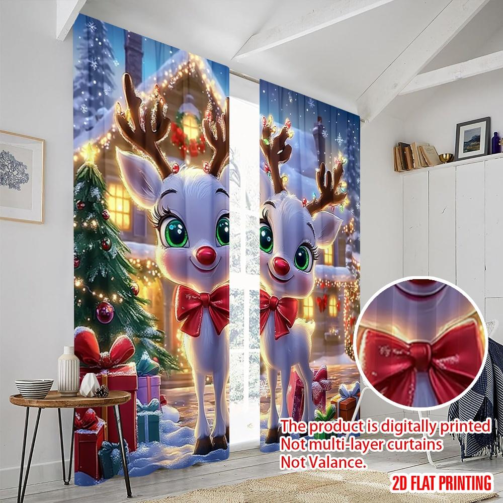 2pcs,2D plane printing Curtains Cute Reindeer Christmas Scene Gift (3) Versatile Durable Polyester (without rod) All Seasons
