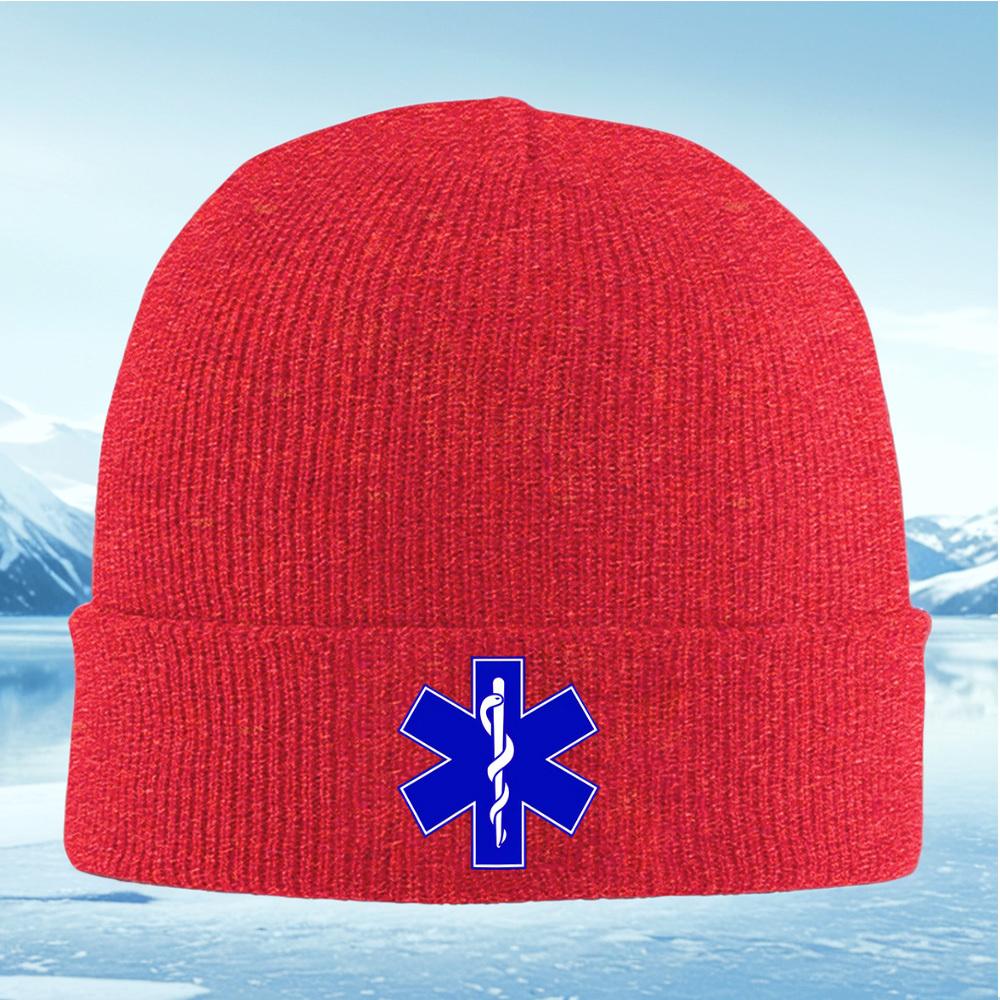 Blue star medical symbol white staff Men Women Unisex Knitted Hat Beanie Pullover Cap Winter Thermal Warm Christmas Outdoor Cycl