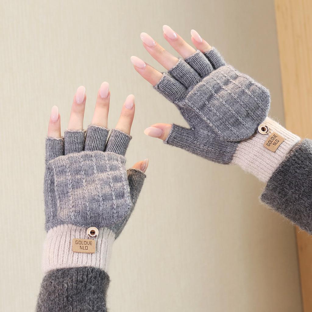 Camel wool knitted gloves women's autumn and winter warm outdoor antifreeze full finger gloves piled and thickened
