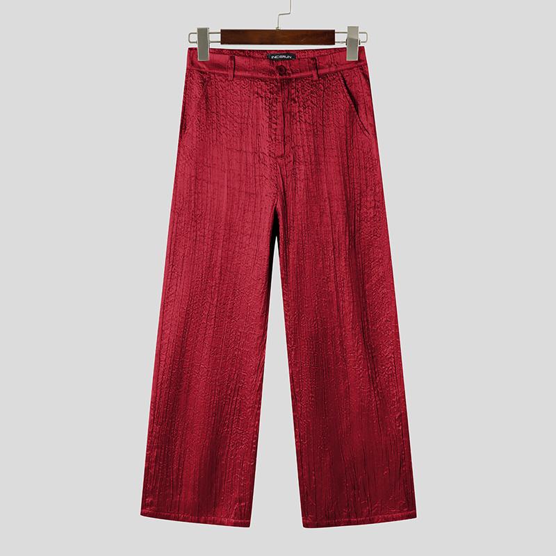 

INCERUN Мужские брюки с высокой талией на молнии, повседневные, свободного кроя, прямые, костюмные брюки с блестящей текстурой 5XL красный