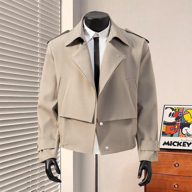

Men s Cropped Trench Style Lapel Button Down Jacket Casual Streetwear Outerwear 2XL