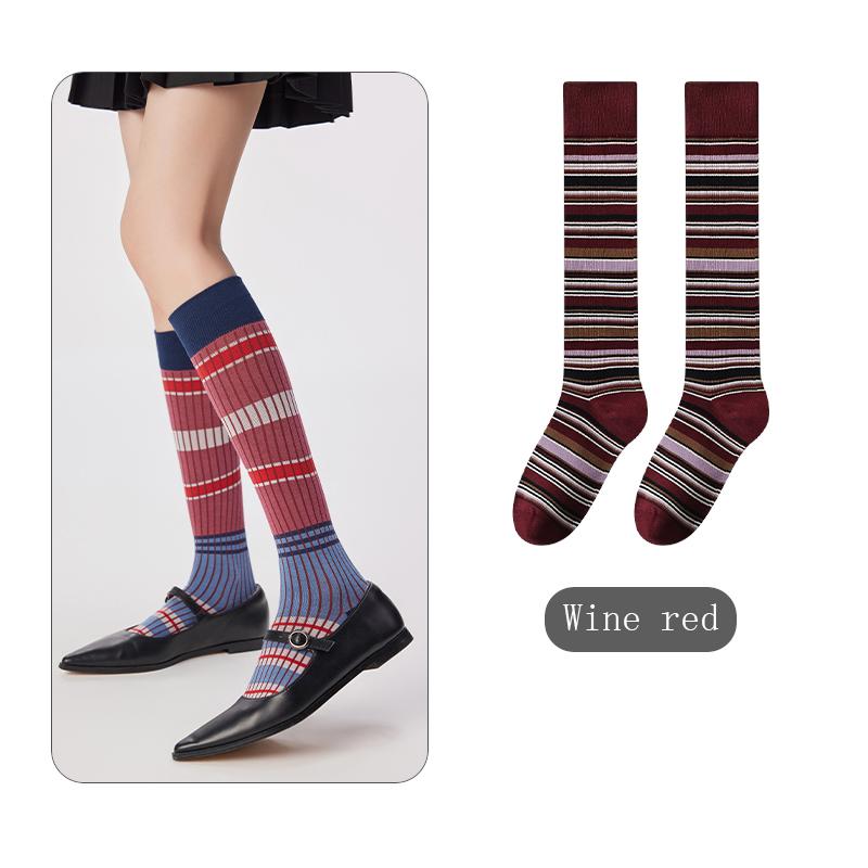 Autumn/Winter Women's Knee And Calf Mid Length Socks Retro Colorful Horizontal Stripes Leg College Style Pure Cotton Stockings