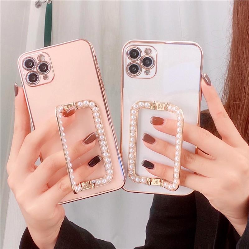 3D Pearl Plating Metal Square Buckle Case For Samsung S23 S22 Ultra S21 A14 A24 A34 A54 A13 A23 A33 A53 A12 A32 A52/Redmi 12 10 9A 9C 9T Note 11 12