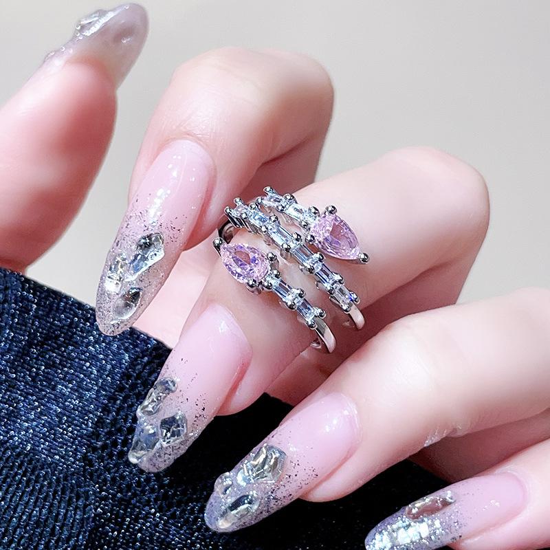 Niche Design Pear-Shaped Pink Zircon Multi-Layer Snake-Shaped Sweet And Cool Personality Open Ring Women'S Light Luxury High-End Ring