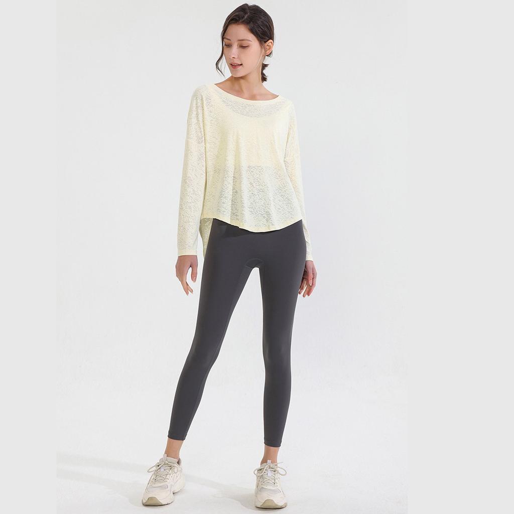 Women's  Long Sleeve Shirt Loose Satin Top Embossed Lace R-neck Silk Lined Top