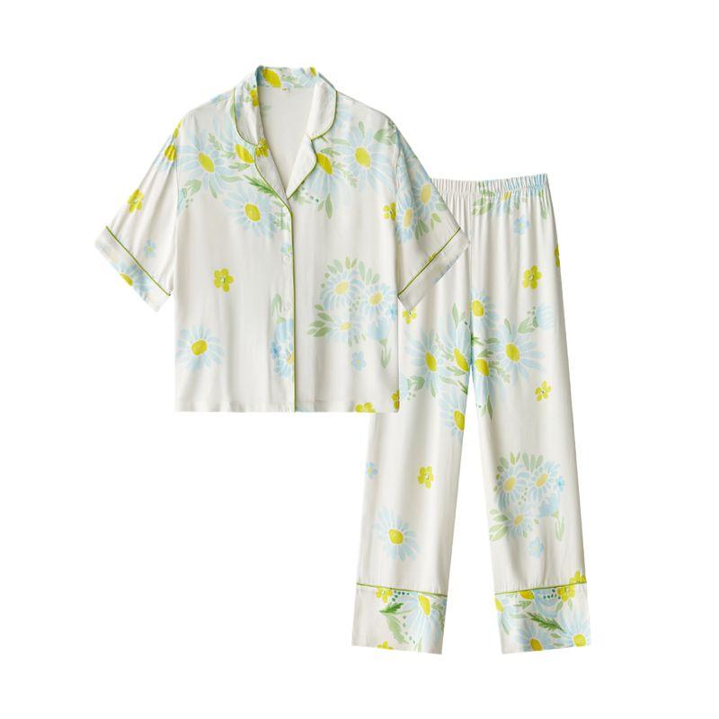 Fresh Sunflower Loose Rayon Satin Poplin Pajamas Women's Summer Cool Ice Silk Home Wear Suit Women