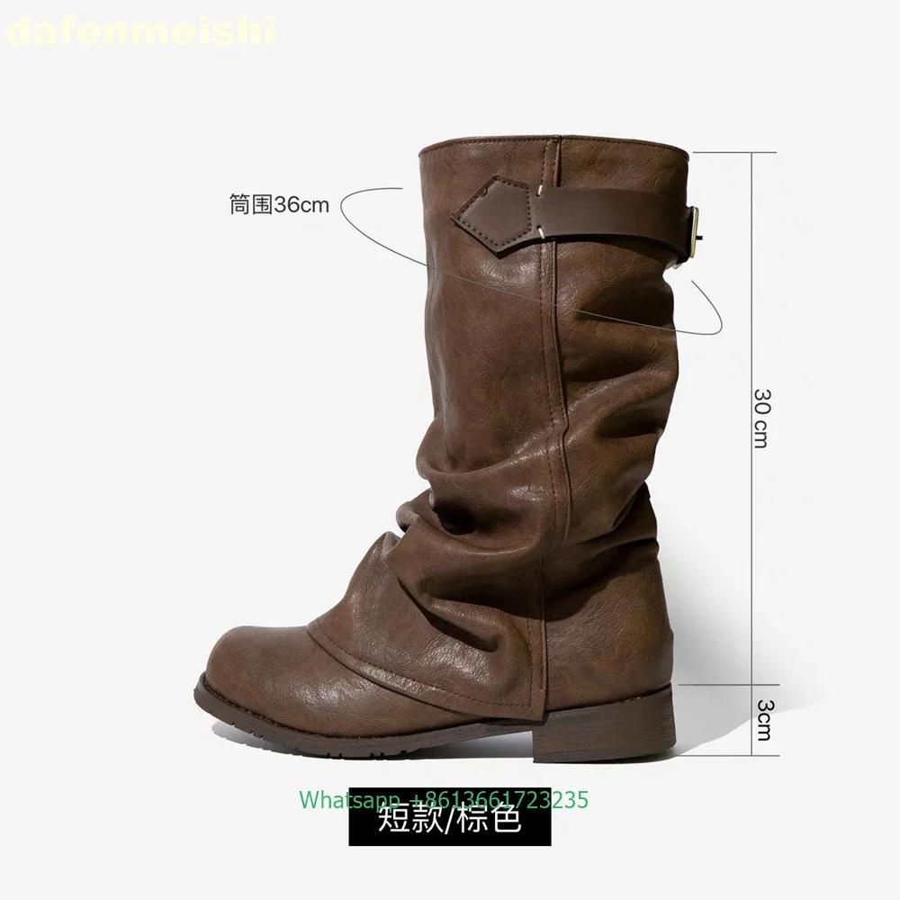 Fashion Women's Belt Buckle Pleated Loose Boots Black Thick Heel Retro Long Trousers Boots 2025 Winter Fashion Flats Knee-High Boots