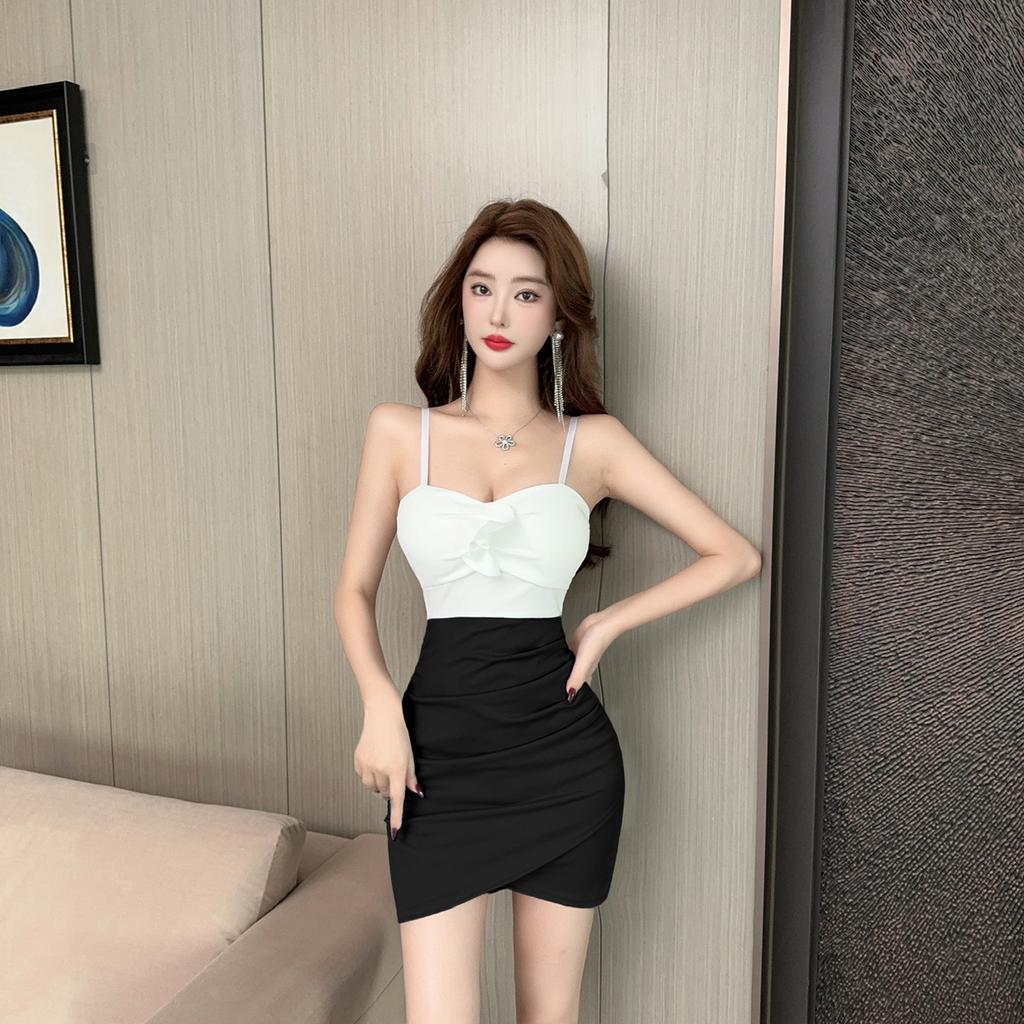 Temperament celebrity pure desire sexy contrasting color hip-wrapped tight short suspender hip-wrapped bottoming dress women's autumn and winter