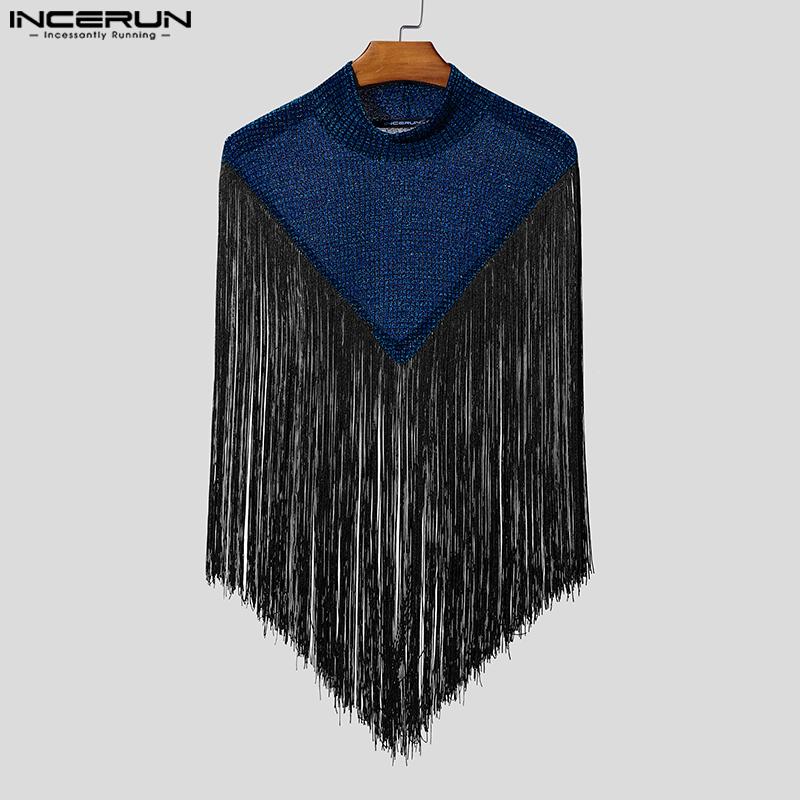 INCERUN Letnie Męskie Wysoki Kołnierz Błyszczące Kratka Frędzle Półprzezroczyste Peleryny Top