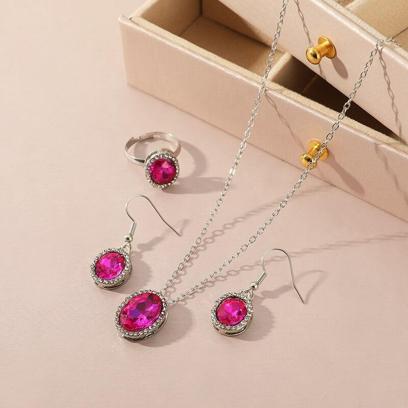 4pc Crystal Set Jewelry Women Fashion Trend Jewelry Geometric Oval Crystal Necklace Earrings Ring Three Pieces Set