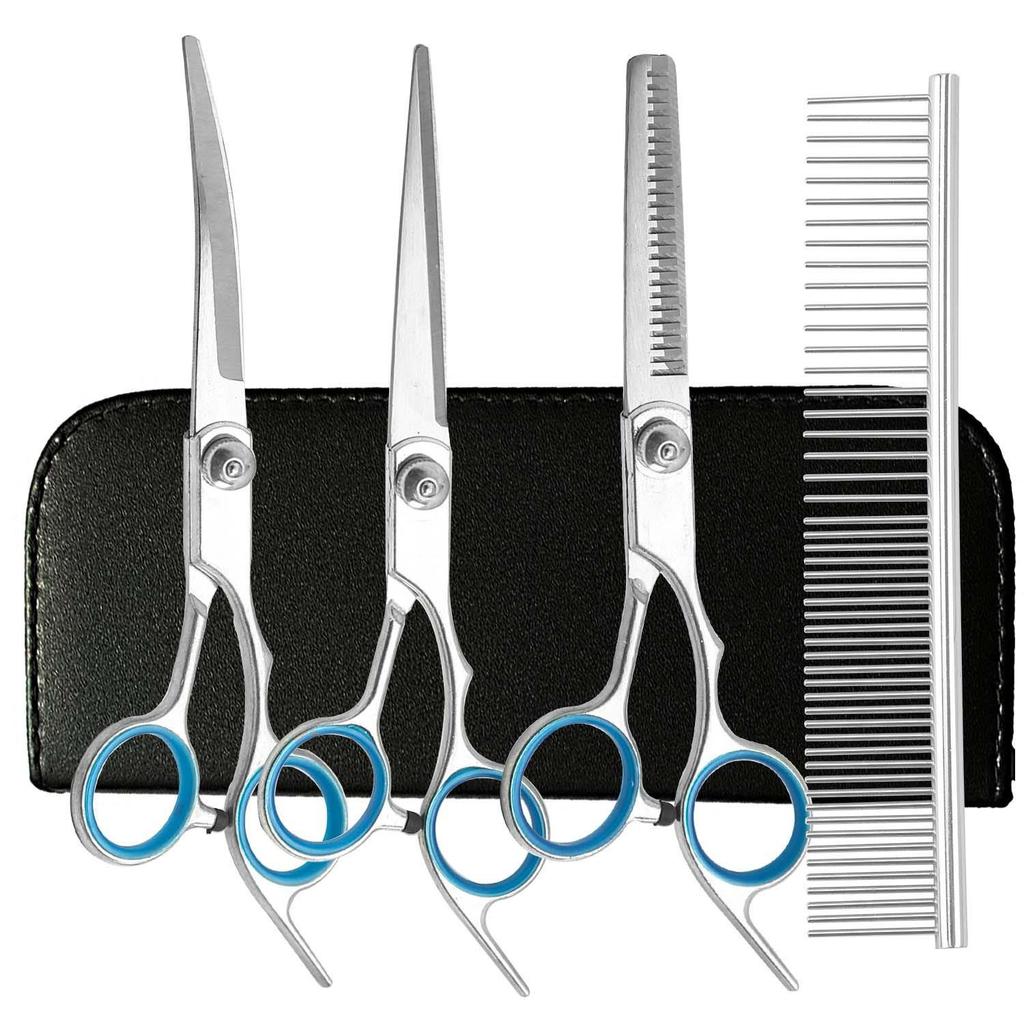 Portable Pet Grooming Scissor Set: Flat & Curved Hairdressing Tools