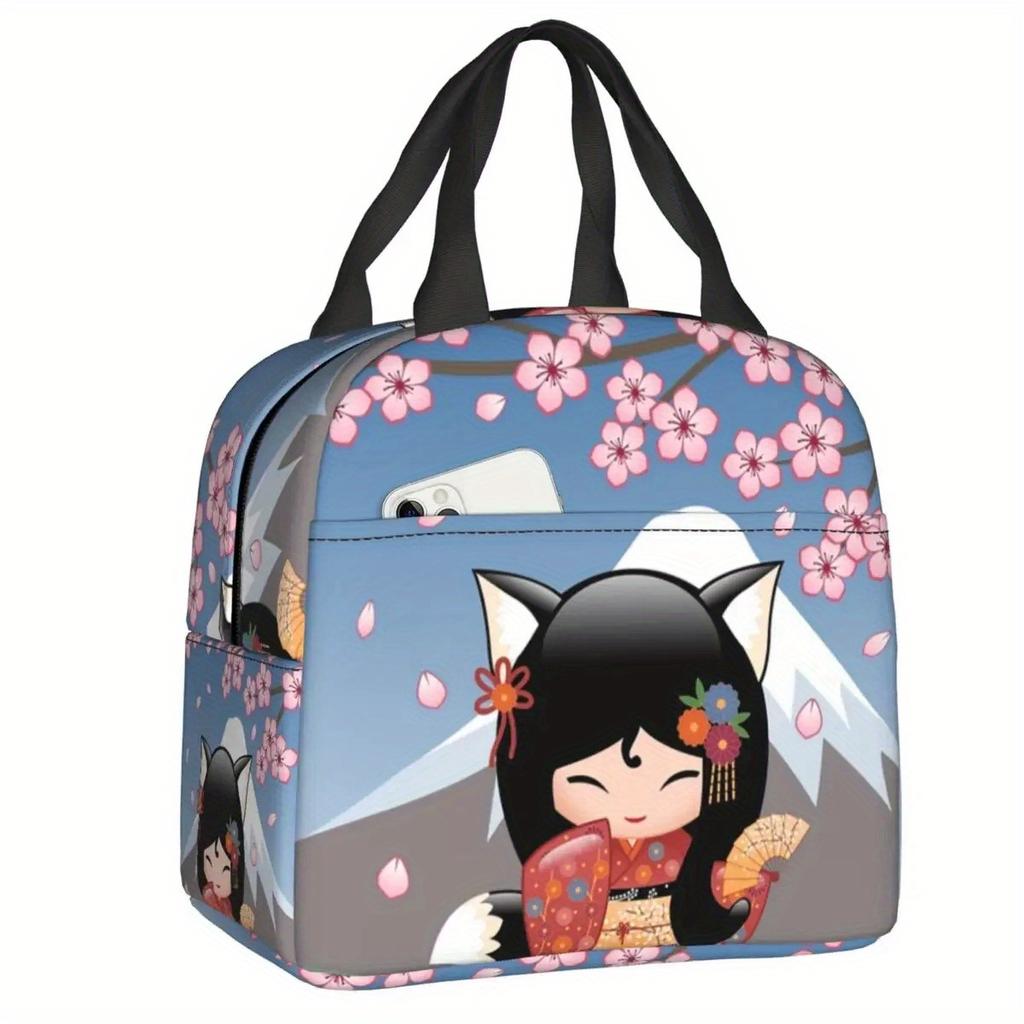 Cherry Blossom Kokeshi Doll Insulated Lunch Bag - Reusable Thermal Cooler Bento Box with Cute Sakura Design