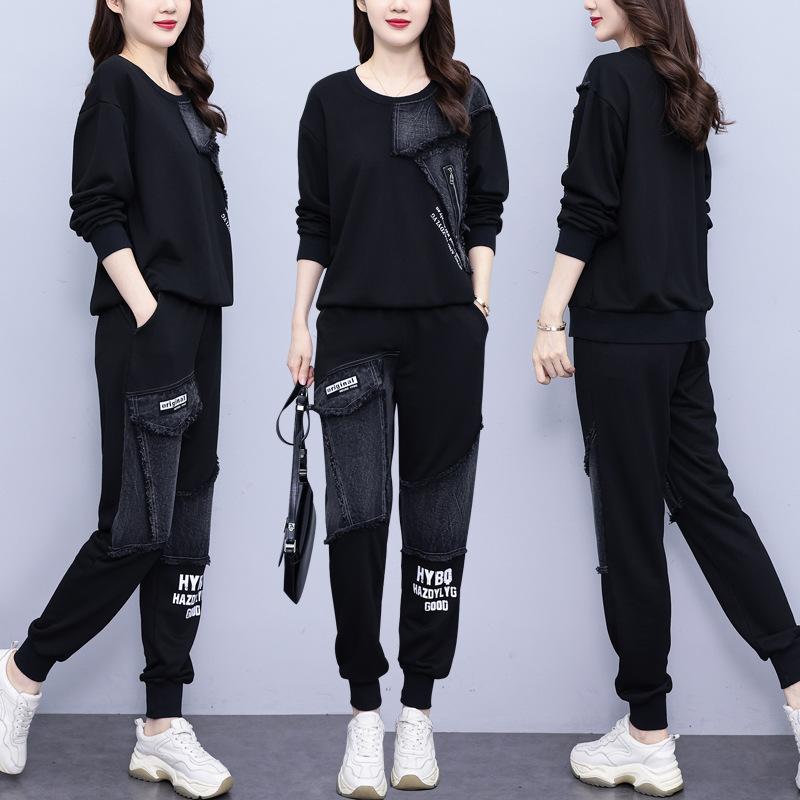 Spring and Autumn Suit Women's Loose Sweater Stitching Denim Printed Long-sleeved Two-piece Casual Plus Size Women's Clothing