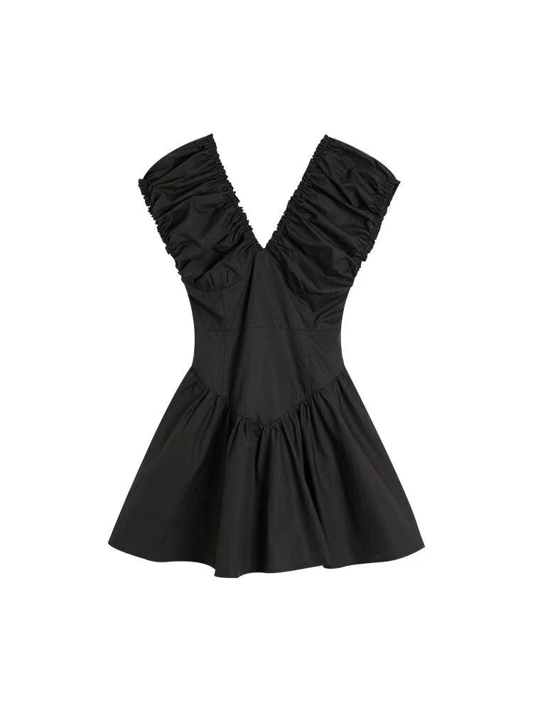 French Black Pleated V-neck Women's Summer Niche Design Waist Pure Pleated Short Skirt Backless Dress