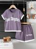 Boys' 2-Piece Set: American Street-Style Color-Block Letter-Print Crew-Neck Short-Sleeve T-Shirt & Matching Shorts (Spring/Summer)