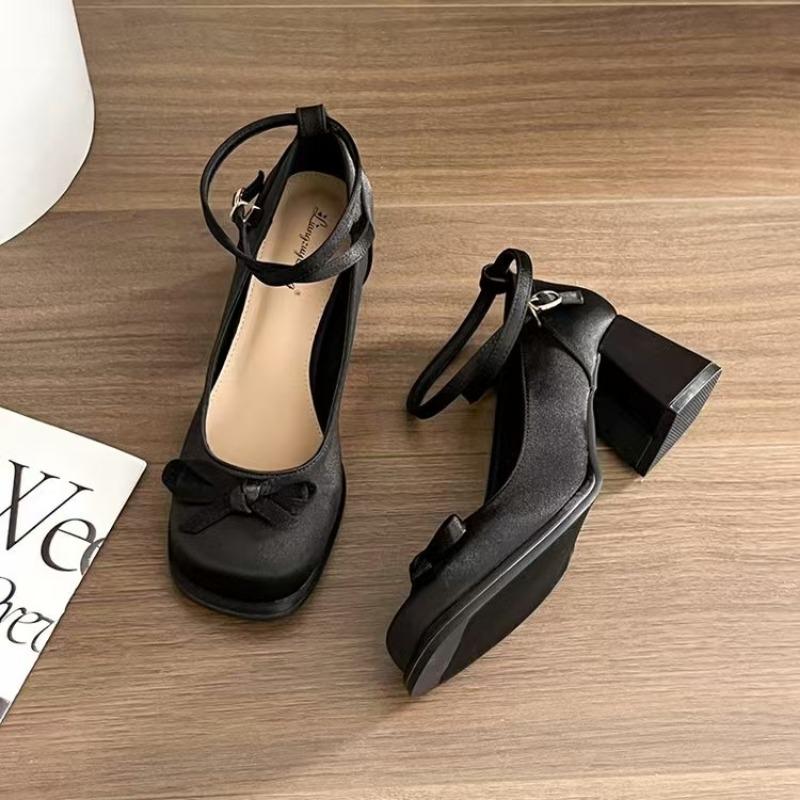 

Satin bow thick heel Mary Jane shoes women s small height gain light mouth single shoes high heel women s shoes 40 чёрный