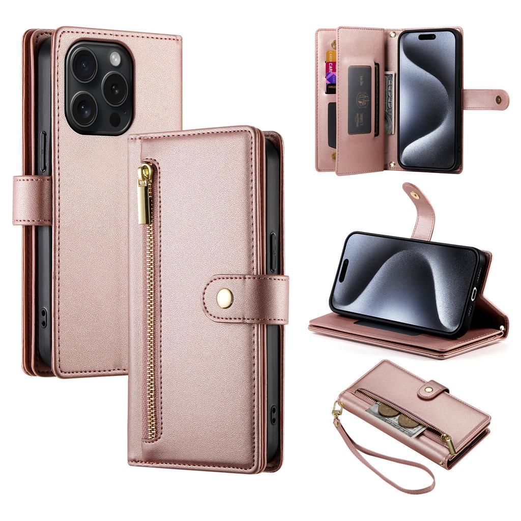 DF-011 For iPhone 15 Pro Case Zipper Leather Phone Cover with Shoulder Strap and Hand Strap